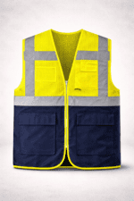 Endüstriyel fileli ikaz yeleği çok cepli teknik model önden görünüm