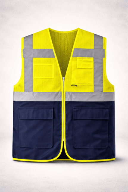 Endüstriyel fileli ikaz yeleği çok cepli teknik model önden görünüm
