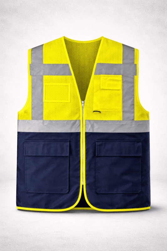 Endüstriyel fileli ikaz yeleği çok cepli teknik model önden görünüm