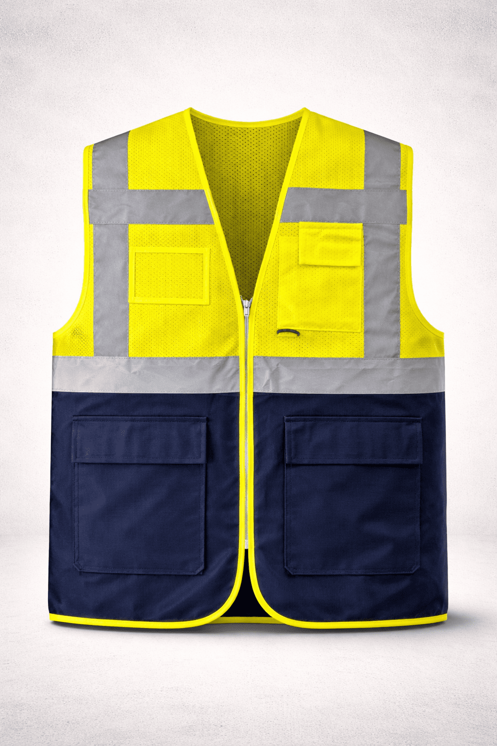 Endüstriyel Fileli İkaz Yeleği Tasarımı Endüstriyel fileli ikaz yeleği çok cepli teknik model önden görünüm