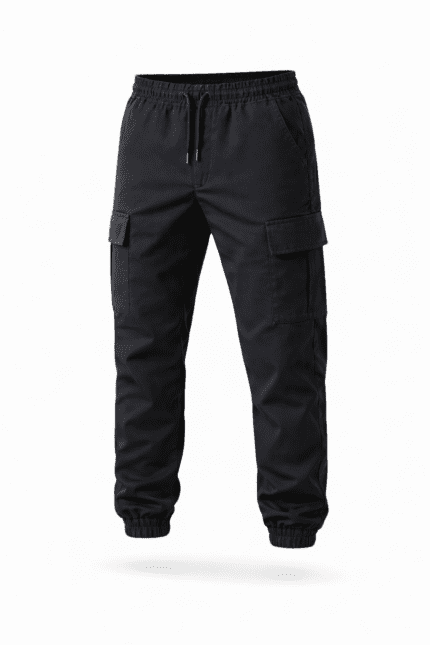 Siyah kargo cepli jogger iş pantolonu önden görünüm lastikli paça