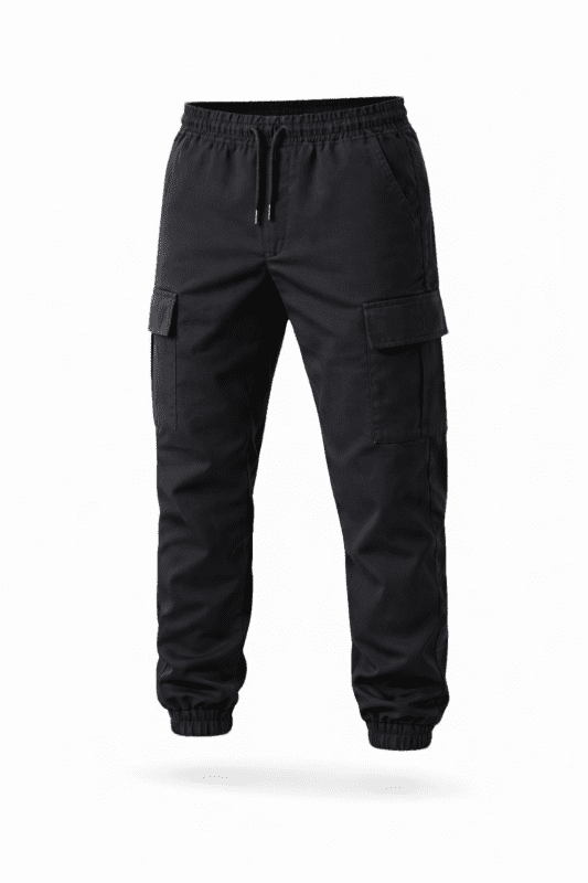 Siyah kargo cepli jogger iş pantolonu önden görünüm lastikli paça