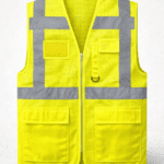 Fileli reflektörlü çok cepli iş yeleği önden görünüm, nefes alabilir sarı iş güvenliği yeleği
