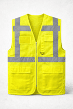 Fileli reflektörlü çok cepli iş yeleği önden görünüm, nefes alabilir sarı iş güvenliği yeleği