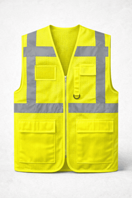 Fileli reflektörlü çok cepli iş yeleği önden görünüm, nefes alabilir sarı iş güvenliği yeleği