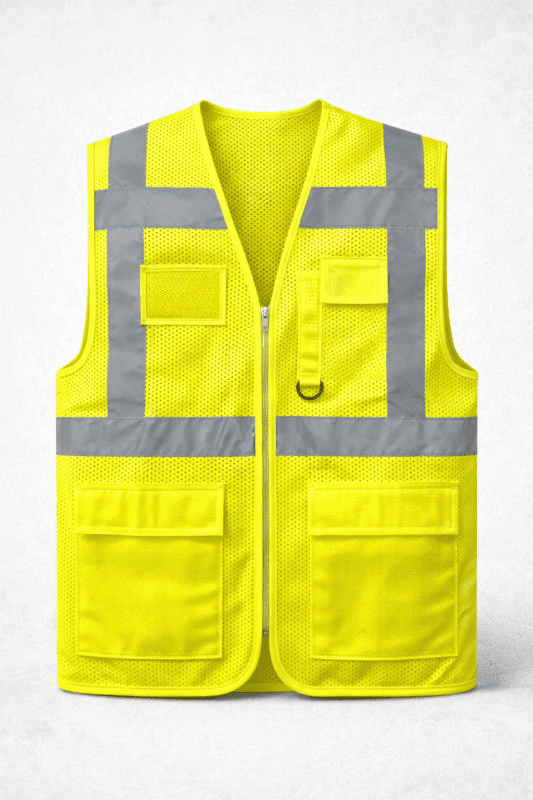Fileli reflektörlü çok cepli iş yeleği önden görünüm, nefes alabilir sarı iş güvenliği yeleği