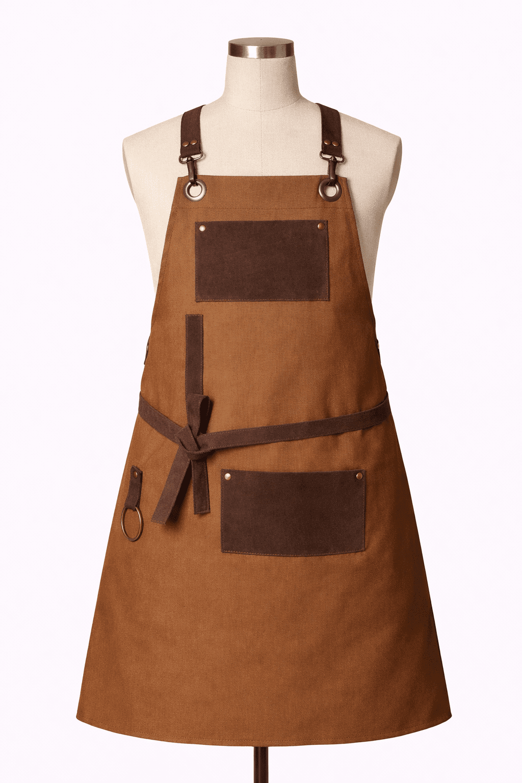 kahverengi-deri-detayli-is-onlugu-ana-resim Kahverengi deri detaylı iş önlüğü taba kanvas kumaş modeli