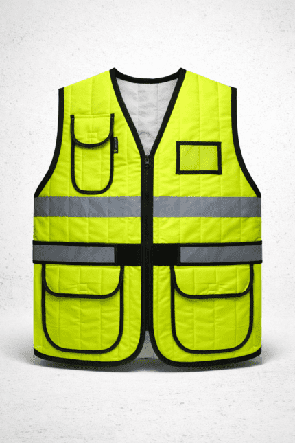 👉 reflektörlü çok cepli iş yeleği fermuarlı fosforlu güvenlik yeleği ön görünüm