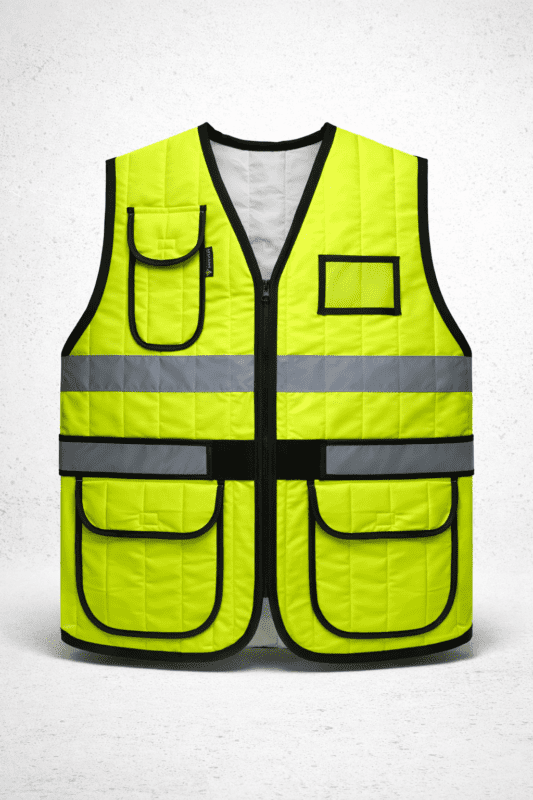 👉 reflektörlü çok cepli iş yeleği fermuarlı fosforlu güvenlik yeleği ön görünüm