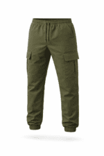 Haki yeşil kargo cepli jogger iş pantolonu önden görünüm lastikli paça