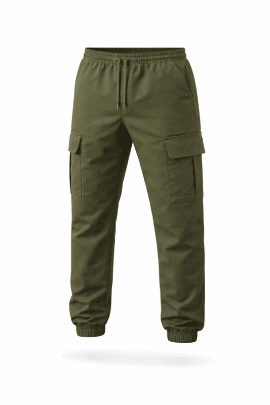 Haki yeşil kargo cepli jogger iş pantolonu önden görünüm lastikli paça