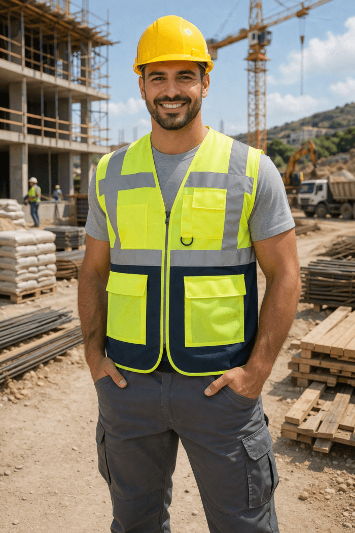 🖼️ İŞÇİ ÜZERİNDE 👉 reflektörlü çok cepli iş yeleği işçi üzerinde kullanım yüksek görünürlüklü yelek