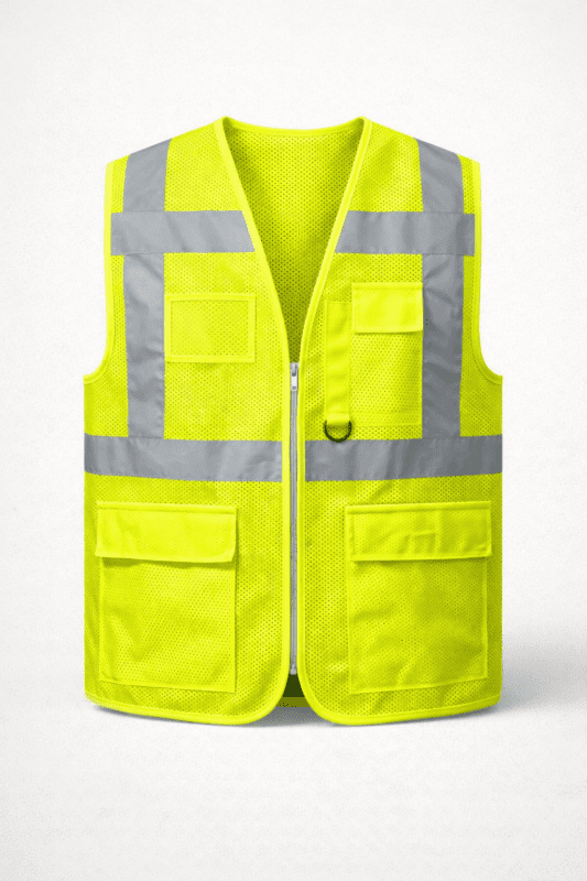 👉 reflektörlü fileli çok cepli iş yeleği fermuarlı ön görünüm