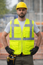 🖼️ İŞÇİ ÜZERİNDE 👉 reflektörlü fileli çok cepli iş yeleği işçi üzerinde kullanım