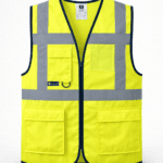 Reflektörlü çok cepli iş yeleği sarı profesyonel işçi yeleği ön görünüm