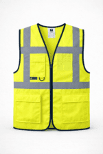 Reflektörlü çok cepli iş yeleği sarı profesyonel işçi yeleği ön görünüm