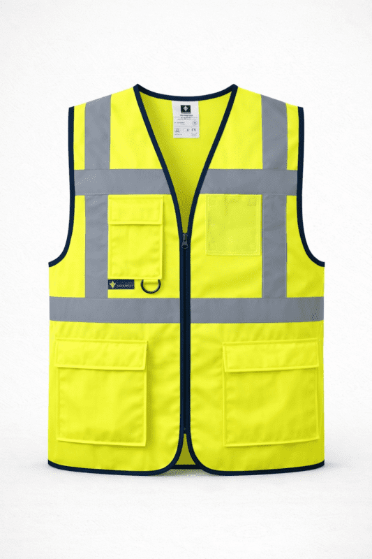 Reflektörlü çok cepli iş yeleği sarı profesyonel işçi yeleği ön görünüm