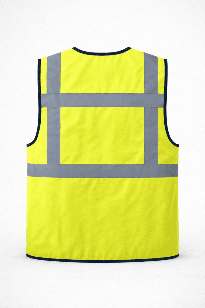 Reflektörlü çok cepli iş yeleği arka görünüm reflektif ikaz yeleği sarı model