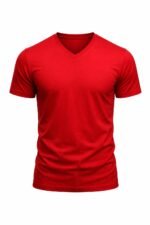 Kırmızı v yaka iş tişörtü önden görünüm %100 pamuklu doku