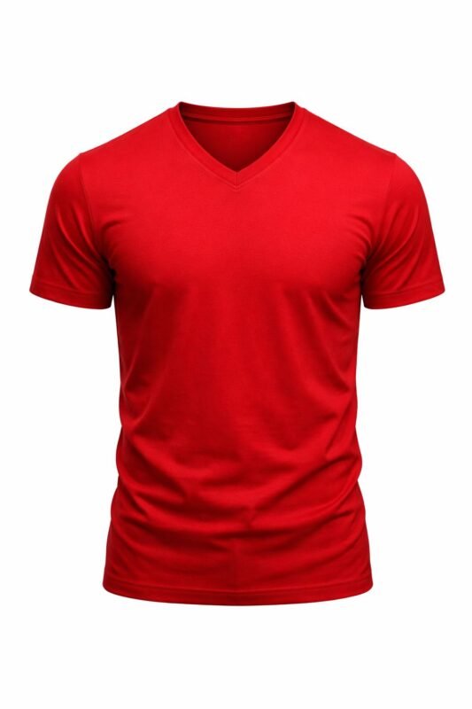 Kırmızı v yaka iş tişörtü önden görünüm %100 pamuklu doku