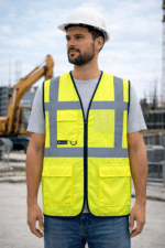 Reflektörlü çok cepli iş yeleği işçi üzerinde kullanım reflektif işçi yeleği