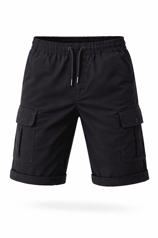 Siyah kargo cepli iş şortu önden görünüm dayanıklı gabardin kumaş