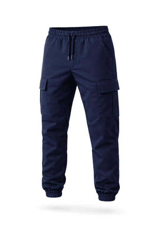Lacivert kargo cepli jogger iş pantolonu önden görünüm lastikli paça