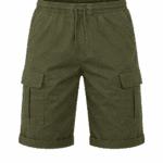 Haki yeşil likralı kargo iş şortu önden görünüm esnek gabardin kumaş