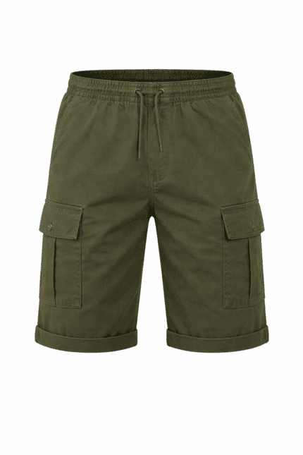 Haki yeşil likralı kargo iş şortu önden görünüm esnek gabardin kumaş