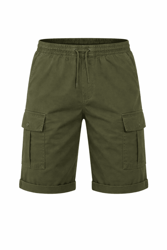 Haki yeşil likralı kargo iş şortu önden görünüm esnek gabardin kumaş