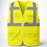 Fileli reflektörlü çok cepli iş yeleği önden görünüm, nefes alabilir yazlık iş kıyafeti