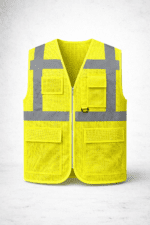 Fileli reflektörlü çok cepli iş yeleği önden görünüm, nefes alabilir yazlık iş kıyafeti