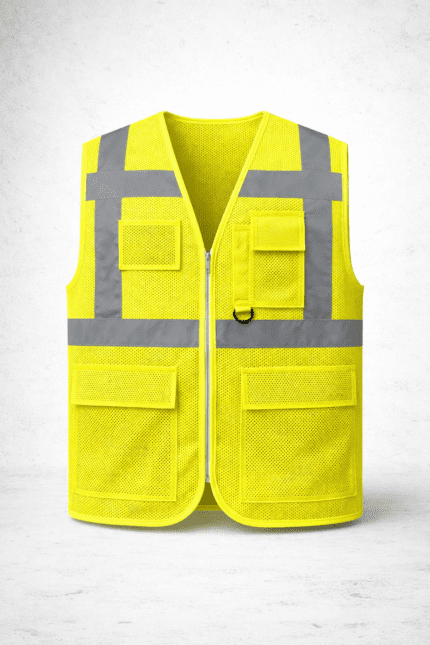 Fileli reflektörlü çok cepli iş yeleği önden görünüm, nefes alabilir yazlık iş kıyafeti
