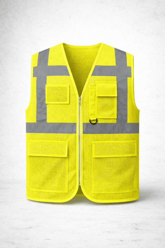 Fileli reflektörlü çok cepli iş yeleği önden görünüm, nefes alabilir yazlık iş kıyafeti