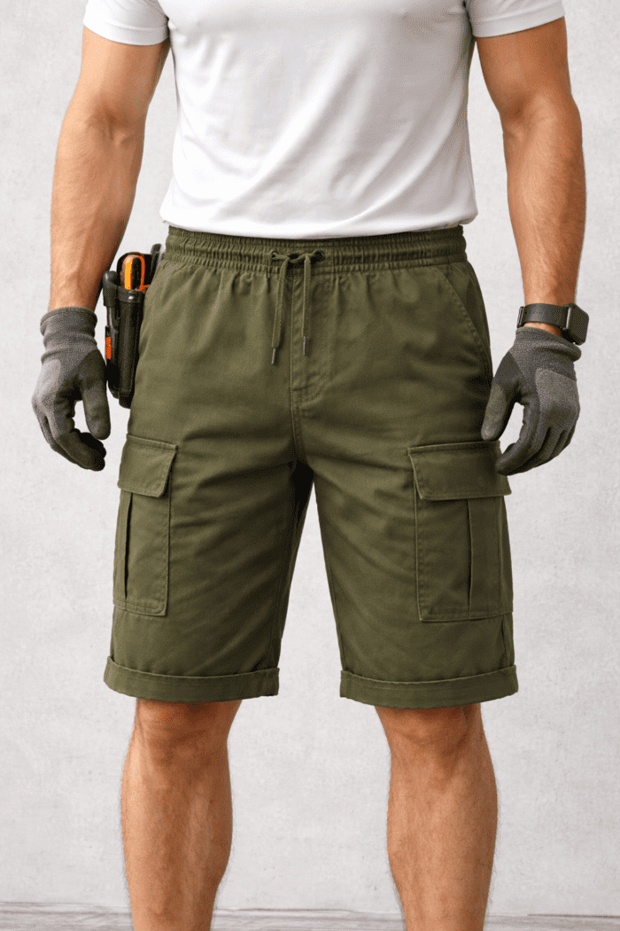 Haki Yeşil Kargo Cepli İş Şortu – Likralı Gabardin Lastikli Bel Esnek Dayanıklı Model - Görsel 2