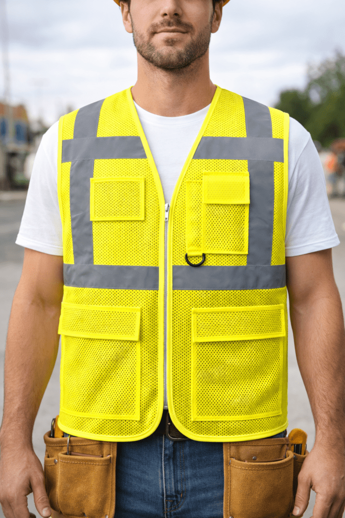 İşçi üzerinde fileli reflektörlü iş yeleği, sahada yüksek görünürlük sağlayan iş kıyafeti