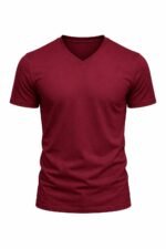 Bordo v yaka iş tişörtü önden görünüm %100 pamuklu nefes alan doku