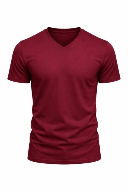Bordo v yaka iş tişörtü önden görünüm %100 pamuklu nefes alan doku