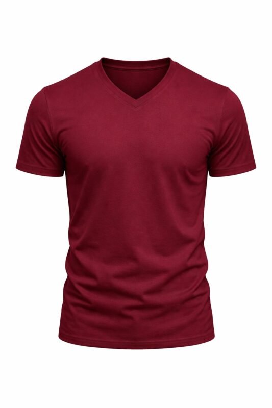 Bordo v yaka iş tişörtü önden görünüm %100 pamuklu nefes alan doku