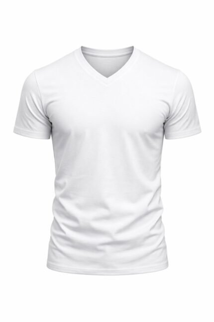 Beyaz v yaka iş tişörtü önden görünüm %100 pamuklu nefes alan doku