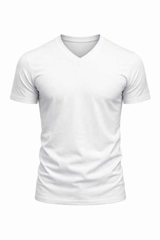Beyaz v yaka iş tişörtü önden görünüm %100 pamuklu nefes alan doku