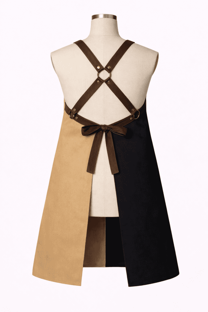 Siyah kanvas deri detaylı iş önlüğü sırt çapraz askı sistemi ve metal halka