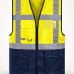 Lacivert sarı güvenlik yeleği çok cepli fileli model önden görünüm