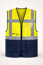 Lacivert sarı güvenlik yeleği çok cepli fileli model önden görünüm