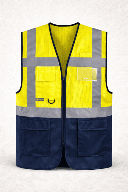 Lacivert sarı güvenlik yeleği çok cepli fileli model önden görünüm