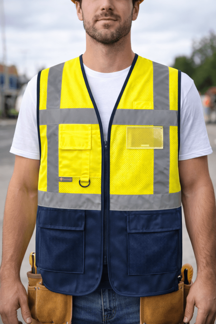 Profesyonel Çok Cepli Fileli Reflektörlü İş Güvenliği Yeleği (Lacivert-Sarı) - Görsel 2