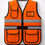 Turuncu reflektif usta yeleği çok cepli profesyonel model önden görünüm