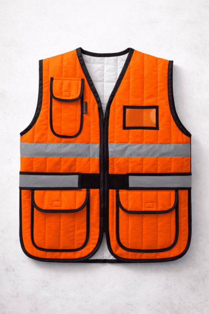 Turuncu reflektif usta yeleği çok cepli profesyonel model önden görünüm