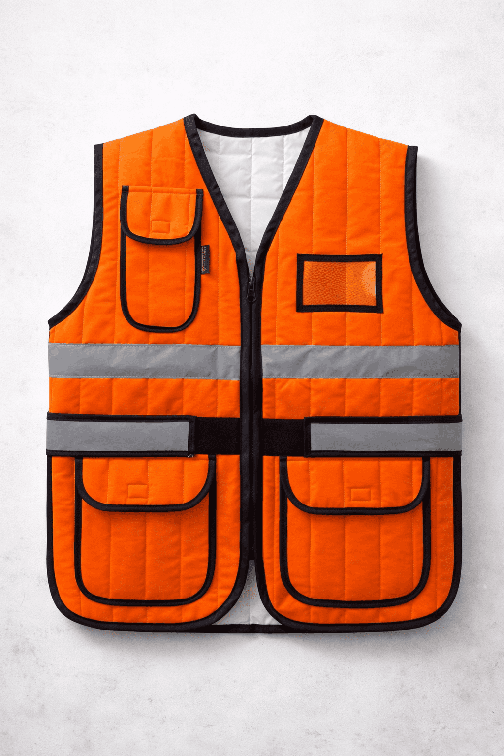 Turuncu Reflektif Usta Yeleği Tasarımı Turuncu reflektif usta yeleği çok cepli profesyonel model önden görünüm