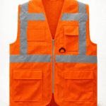 Turuncu fileli teknik yelek çok cepli yazlık model önden görünüm